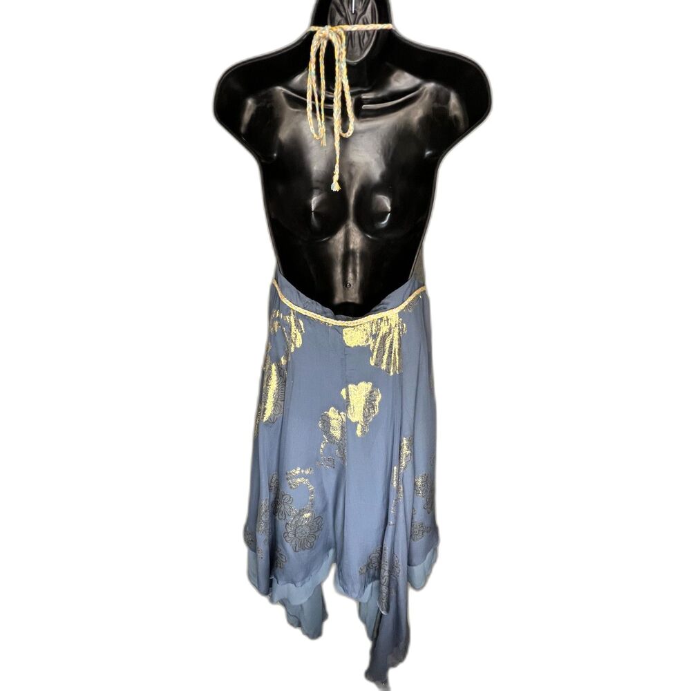 Elizabeth and James Blue Metallic Floral Silk Halter Dress M Boho Slip Midi Y2K - Picture 7 of 7